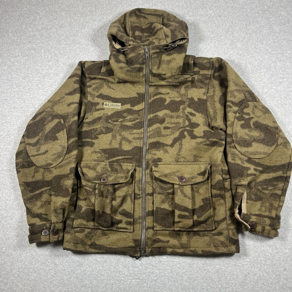 Vintage Columbia Jacket Mens Small Green Wool Full Zip Camo Hunting 90s Hooded